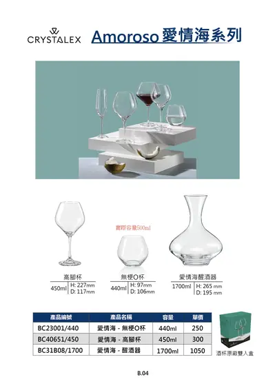 CRYSTALEX Amoroso 愛情海系列酒杯與醒酒器型錄