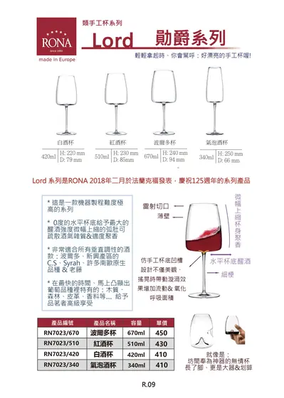 RONA Lord 勳爵系列類手工葡萄酒杯型錄